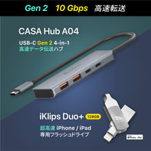 画像をギャラリービューアに読み込む, CASA Hub A04 USB-C Gen2 4 in 1高速データ伝送ハブ+iKlips DUO+ 超高速iPhone &amp; iPad専用フラッシュドライブ 128GB
